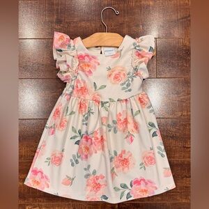 Rococo Floral Ruffle-Sleeve Summer Dress in Cream and Pink, size 2|3